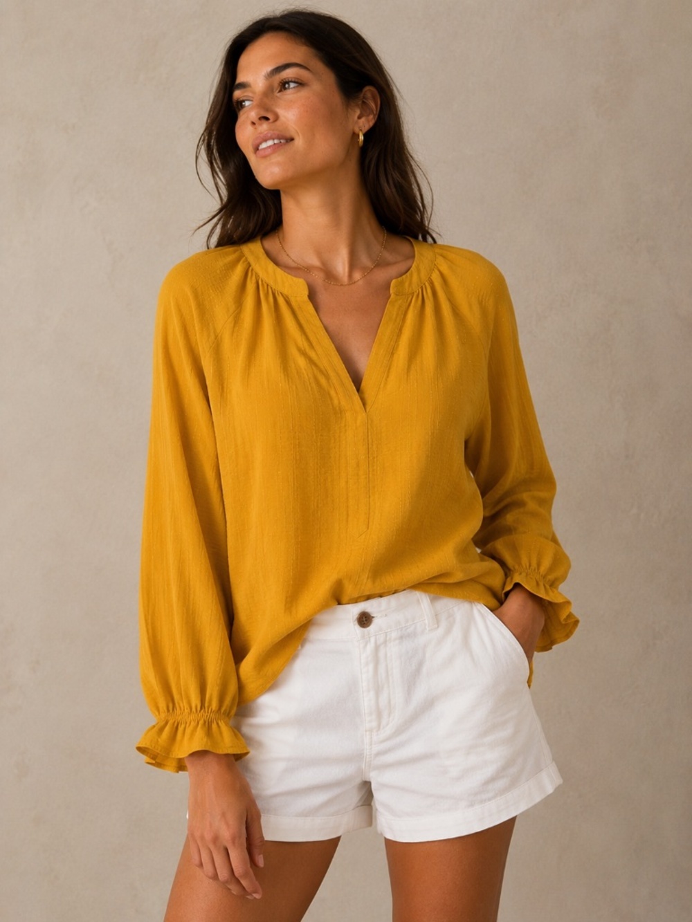 Como Blu Mustard Yellow Shimmery Blouse Women's Size Large 3/4 Sleeve Relaxed